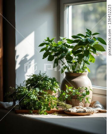 Sunlit Herbs on a Window Sill: Basil and Oregano Sunlit Herbs on a Window Sill: Basil and Oregano 136452225