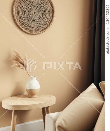 Cozy interior with decorative elements, including a vase of pampas grass and a woven wall hanging. Cozy interior with decorative elements, including a vase of pampas grass and a woven wall hanging. 136452895