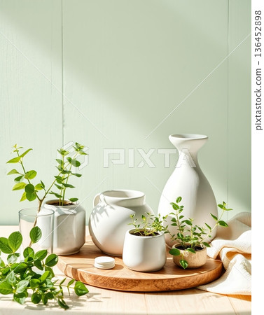White ceramic pots & vases with green plants on wood. Still life photography. 136452898