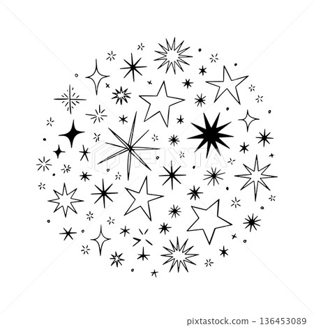 Star patterns in various shapes and sizes create a mesmerizing celestial design for artistic inspiration 136453089