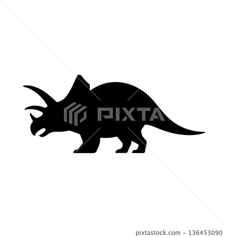 Silhouette of a Triceratops standing against a plain background, highlighting its distinctive features and stance 136453090