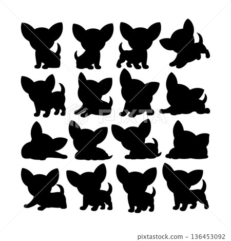 Different silhouettes of playful small dogs captured in a stylish arrangement for a fun design concept Different silhouettes of playful small dogs captured in a stylish arrangement for a fun design concept 136453092