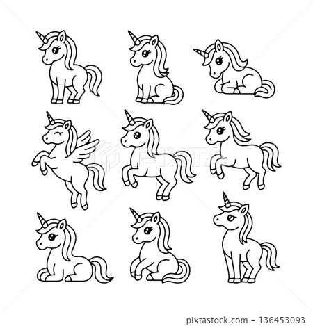 Cute unicorn illustrations in various poses perfect for coloring activity and creative expression Cute unicorn illustrations in various poses perfect for coloring activity and creative expression 136453093