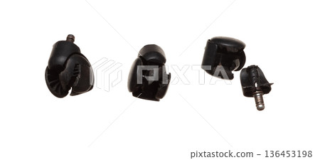 Office rolling desk chair wheel broken, wheels of office chair brake into piece from weight or hit. Spare parts of office wheel roller chairs on white background isolated Office rolling desk chair wheel broken, wheels of office chair brake into piece from weight or hit. Spare parts of office wheel roller chairs on white background isolated 136453198