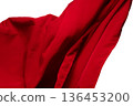 Red curtain fabric flying in curve shape, Piece of textile red curtain fabric throw fall in air. White background isolated, dark shading environment 136453200
