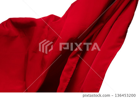 Red curtain fabric flying in curve shape, Piece of textile red curtain fabric throw fall in air. White background isolated, dark shading environment Red curtain fabric flying in curve shape, Piece of textile red curtain fabric throw fall in air. White background isolated, dark shading environment 136453200