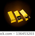 Gold Bar float in mid air with element ingot nugget. Gold bar standard is bank reserve to finance economic wealth and money saving. black background isolated 136453203