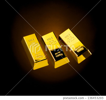 Gold Bar float in mid air with element ingot nugget. Gold bar standard is bank reserve to finance economic wealth and money saving. black background isolated Gold Bar float in mid air with element ingot nugget. Gold bar standard is bank reserve to finance economic wealth and money saving. black background isolated 136453203