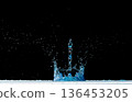 Crown Water splash on object to create shape form fluttering in droplet and wave. Crown water to object make curve drop explosion in ripple motion. Black background isolated 136453205
