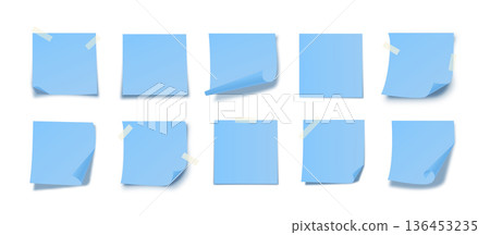 Realistic Blue Sticky Notes Set with Curled Edges and Soft Shadows. Blank Paper Memos with Adhesive Tape for Ideas, Tasks, Messages. Professional Planning Note Stickers Pack. Vector Illustration 136453235