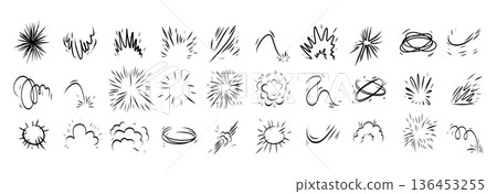 Comic effect manga elements set in black ink on white background. Hand drawn doodle bursts, speed lines, speech Comic effect manga elements set in black ink on white background. Hand drawn doodle bursts, speed lines, speech 136453255