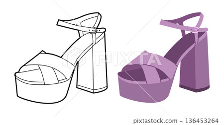 Purple platform block heel sandal shoe women flat plus line set. Wide strap dress shoe for celebration, clubbing, retro Purple platform block heel sandal shoe women flat plus line set. Wide strap dress shoe for celebration, clubbing, retro 136453264