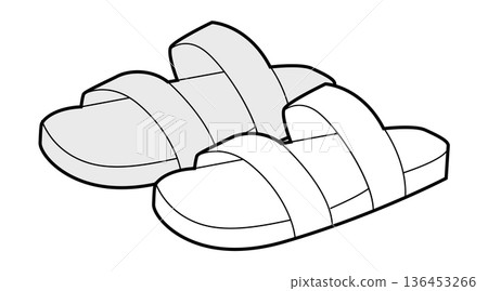Slide sandal shoe women sketch pair. Double strap flat sandal for casual summer outfit beach walk. Technical  136453266