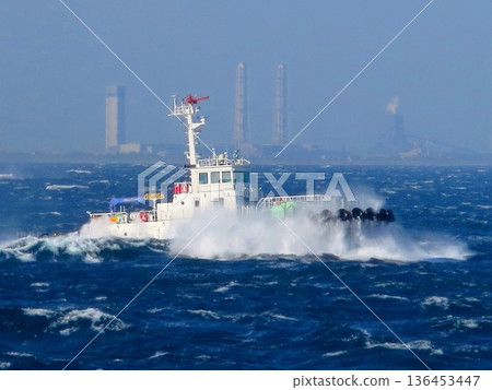 May 4, 2018 Tokyo Kisen Suruga Maru sailing through rough seas in Uraga Channel, Tokyo Bay 136453447