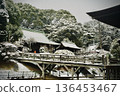 Winter scenery in Japan. Snow-covered historical buildings and gardens 136453467