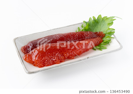 Sockeye salmon roe (beni-ko) served on a plate on a white background Sockeye salmon roe (beni-ko) served on a plate on a white background 136453490