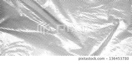 Halftone wrinkled cellophane effect overlay. Dotted crumpled plastic texture. Duotone comic gritty paper wallpaper. Bitmap rough creased film background. Vector creasy surface in cartoon pop art style 136453780