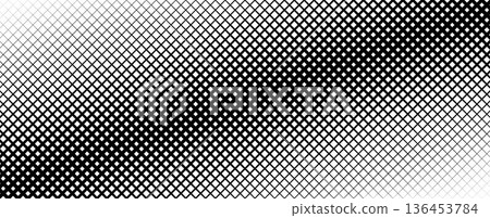 Black thin to thick net pattern gradient. Vanishing slanted grid texture background. Diagonal mesh backdrop for overlay, print, cover, banner, poster. Fading overlapping lattice wallpaper. Vector 136453784