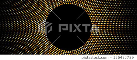 Golden radial halftone gradient frame. Round pop art glitter border backdrop. Gold dotted pattern background. Yellow confetti wallpaper for banner, poster, flyer, party decor, presentation. Vector Golden radial halftone gradient frame. Round pop art glitter border backdrop. Gold dotted pattern background. Yellow confetti wallpaper for banner, poster, flyer, party decor, presentation. Vector 136453789