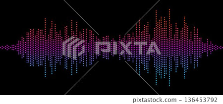 Red purple blue abstract equalizer shape design. Dotted music sound wave element. Audio radio signal visualization concept. Shining digital voice assistant pattern. Song track sample player. Vector 136453792