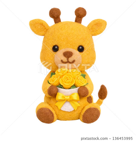 【父親節】長頸鹿手捧一束毛氈玫瑰花的插圖 136453995