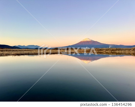 Evening sky and Mt. Fuji seen from the Fuji River Evening sky and Mt. Fuji seen from the Fuji River 136454296