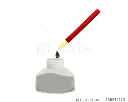 Red fountain pen and black ink bottle 136454623