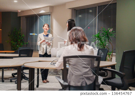 Business people practicing and reading their presentations late into the night Business people practicing and reading their presentations late into the night 136454767