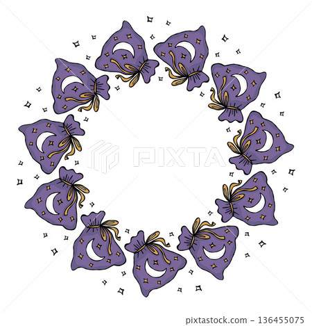 Magic Witchcraft Round Wreath. Esoteric Pouch Circle Frame with Empty Copy Space. Colored Hand Drawing Doodle. Isolated Vector illustration on white background Magic Witchcraft Round Wreath. Esoteric Pouch Circle Frame with Empty Copy Space. Colored Hand Drawing Doodle. Isolated Vector illustration on white background 136455075