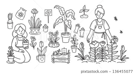 Woman Gardener with Flowers and Houseplants Hand Drawn Set. Isolated Outline Women Gardeners with Potted Plants Black Doodle. Vector illustration. Not AI 136455077