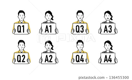 一組圖標，描繪了一位身穿工作服的中年男子提問，以及專家手持問答板回答。 136455300