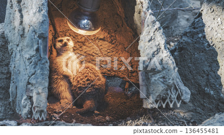 Meerkats warming themselves with heat lamps at the zoo in winter Meerkats warming themselves with heat lamps at the zoo in winter 136455481