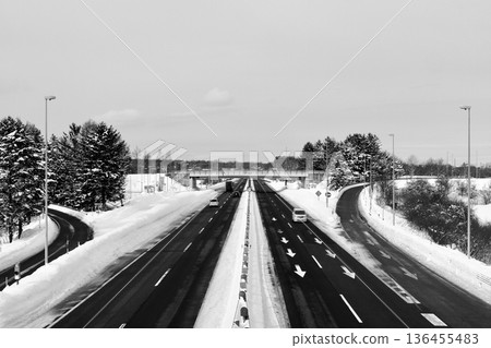 "Hokkaido in January" Snow-covered highway "Eniwa IC" black and white "Hokkaido in January" Snow-covered highway "Eniwa IC" black and white 136455483