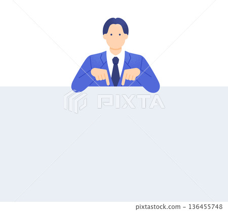 一位身穿西裝的男士雙手向下指著。向量圖，描繪了一位商務人士指向文字區域。 136455748