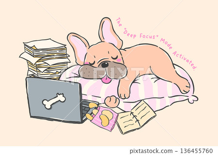 Cute french bulldog lazy work from home cartoon hand drawn peacefully sleeping on fluffy pillow derp funny illustration 136455760
