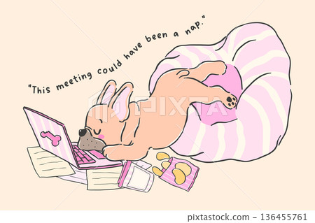 Cute french bulldog lazy work from home cartoon hand drawn sleeping on laptop 136455761