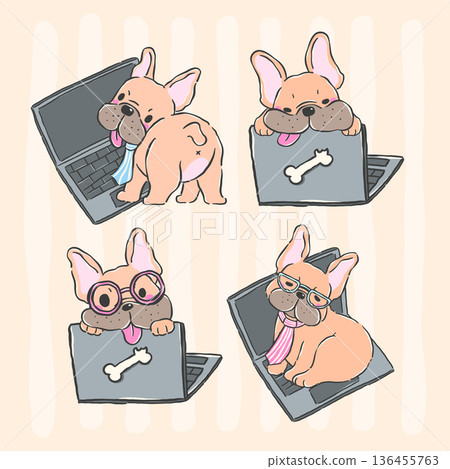 Cute french bulldog lazy work from home with laptop cartoon hand drawn Collection 136455763