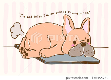 Cute french bulldog work from home sploot on laptop burnout cartoon hand drawn 136455769
