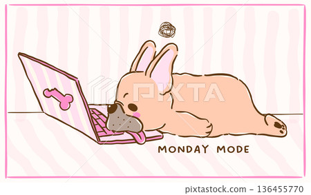 Cute french bulldog work from home sploot on Laptop burnout lazy cartoon hand drawn 136455770