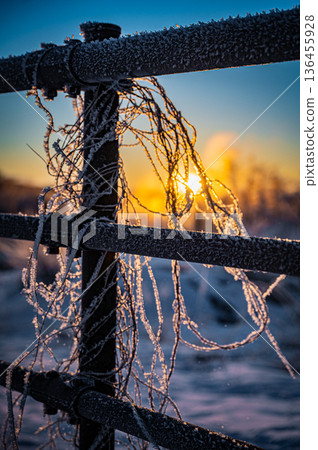 A fantastic view of Otowa Bridge and a wind storm in the early winter morning in Tsurui Village, Hokkaido A fantastic view of Otowa Bridge and a wind storm in the early winter morning in Tsurui Village, Hokkaido 136455928
