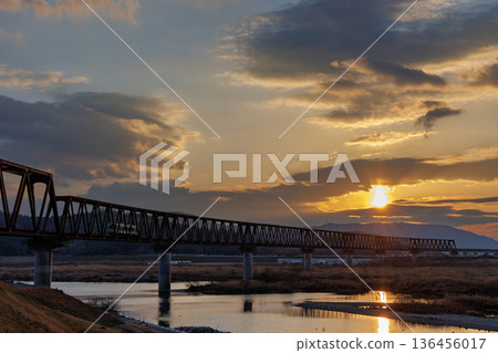 Ibara Railway Ibara Line Takahashi River Bridge at dusk 136456017