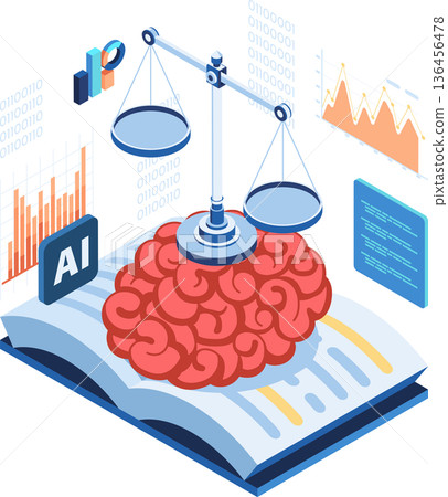 Isometric Brain with Justice Scales on an Open Book 136456478