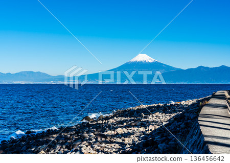 從長椅上眺望海風中的富士山 [靜岡縣沼津市] 136456642
