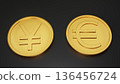 Golden yen and euro coins lined up on a black background 3D illustration 136456724