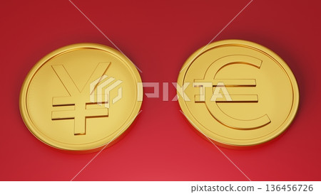Yen and euro coins lined up on a red background Exchange rate fluctuation image Yen and euro coins lined up on a red background Exchange rate fluctuation image 136456726