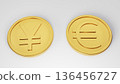 Yen and euro gold coins arranged on a white background 136456727