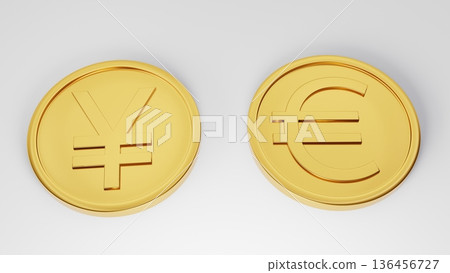 Yen and euro gold coins arranged on a white background 136456727