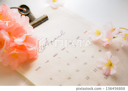春日景象:四月日曆與櫻花花瓣 春日景象:四月日曆與櫻花花瓣 136456808
