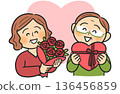 A smiling senior couple who are happy to exchange gifts on Valentine's Day 136456859