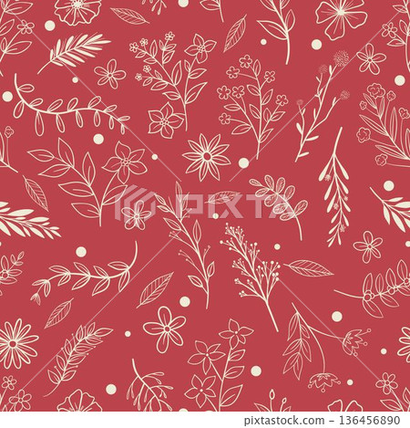 Elegant Botanical Line Art Seamless Red Pattern Elegant Botanical Line Art Seamless Red Pattern 136456890